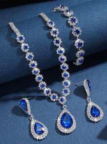 4pcs Bride Jewelry Set: Necklace, Earrings, Bracelet, Fully Rhinestone Waterdrop Floral Design For Women Evening Dress