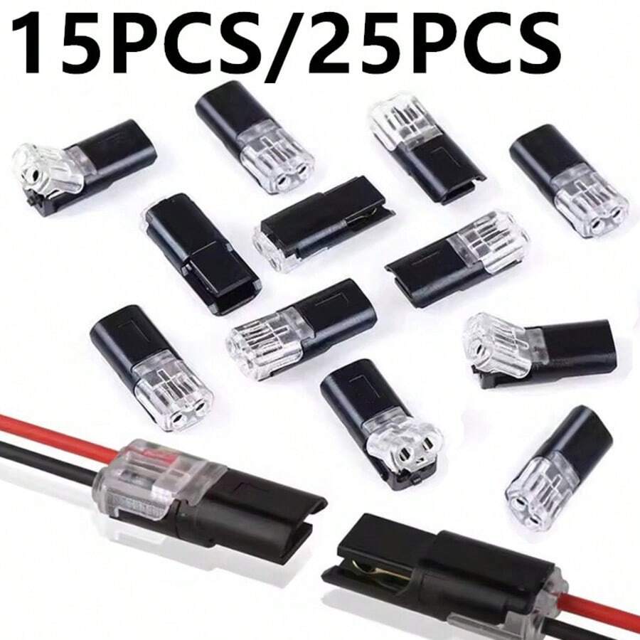 15/25Pcs D2 Double-Line Interlocking Detachable LED Connectors That Require No Soldering, Featuring Quick-Connect Terminals, 2-Pin Bidirectional Plug-In Cable Clips, No Stripping Needed, DC Lock Cover, Suitable For 18-22 AWG Wires,Home Improvement - Black - View 1