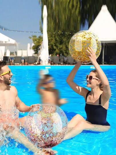 Bola de praia inflável de PVC transparente com lantejoulas de 40 cm/15,7 pol., bola aquática inflável durável, decoração para pendurar em feriados, artigos para festas multicoloridos, adequada para piscina e entretenimento ao ar livre, bola publicitária inflável decorativa de PVC