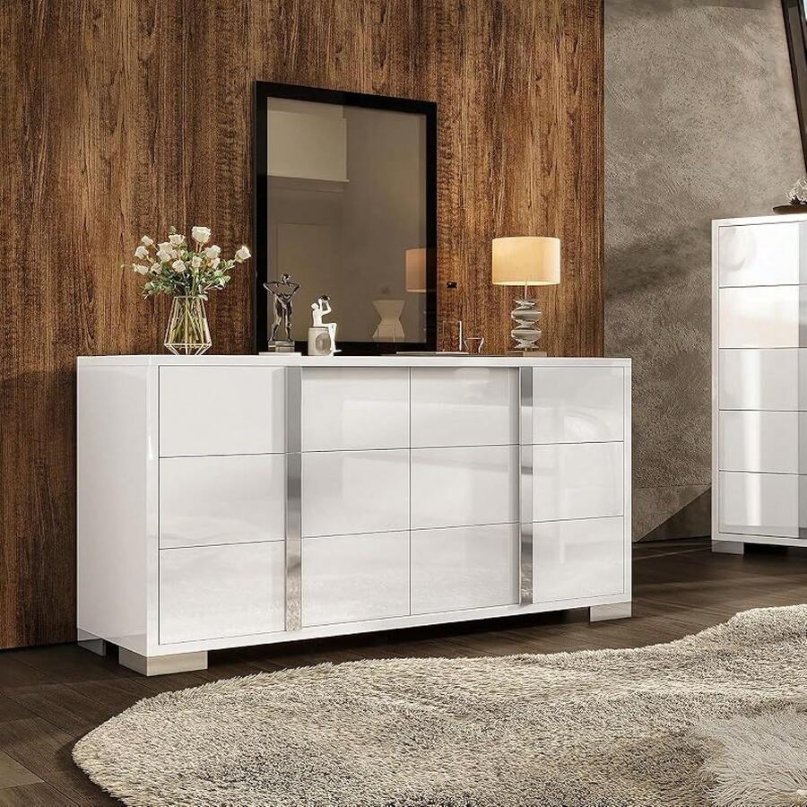 Glossy 6-Drawer Dresser With Silver Grooved Handles, Modern Storage Chest With Wide Tabletop, For Bedroom, Dressing Room & Living Room - 白色 - 查看 1