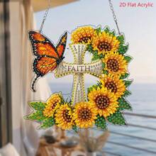 2D Diamond Painting Kit, DIY 5D Asymmetrical Crystal Diamond, Sunflower Butterfly Cross Pendant Craft Set, Suitable For Home And Garden Wall/Door Decor, Ideal As Birthday Or Gift For Friends And Family, 2D Flat