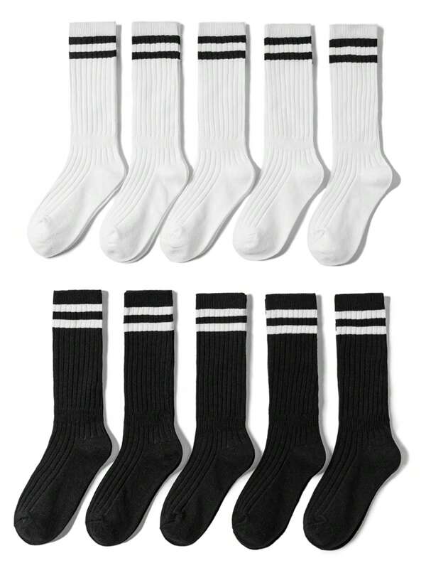 10 Pairs Kids Minimalist Socks, Solid Color & Striped Pattern, Daily Wear, Casual, Sports, Mid-Calf Socks