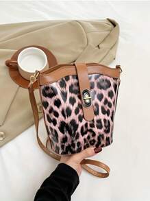 Simple Retro Leopard Print Bucket Bag For Women, New Casual Fashion One Shoulder Crossbody Bag, Textured Leisure Crossbody