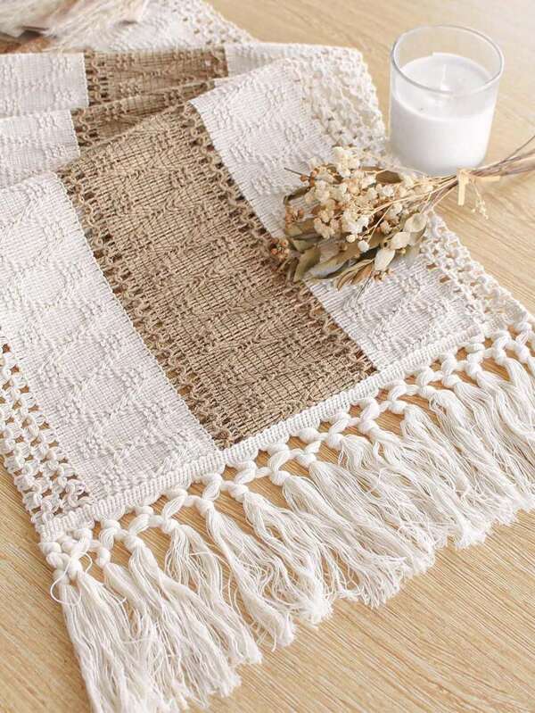 Boho Table Runner With Tassels Farmhouse Home Decor Rustic Cream & Brown Macrame Table Runner For Dining Bedroom Bridal Shower Decor