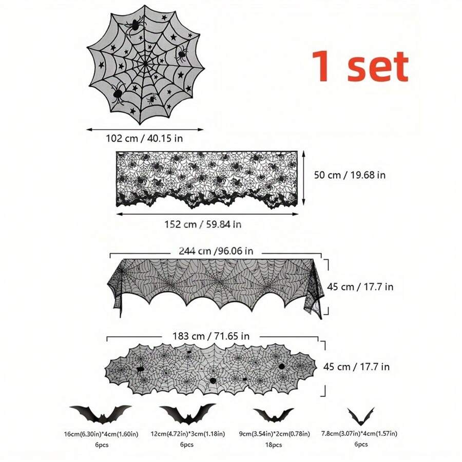 40pcs/Set Halloween Spider Web Tablecloth, Table Runner, Fireplace Scarf, Lamp Shade, Bat Halloween Decoration Set