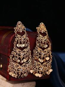 1 Pair Multilayered Earrings For Women, With Hollow Carving And Tassel Pendant Decor, Moroccan Jewelry Accessories