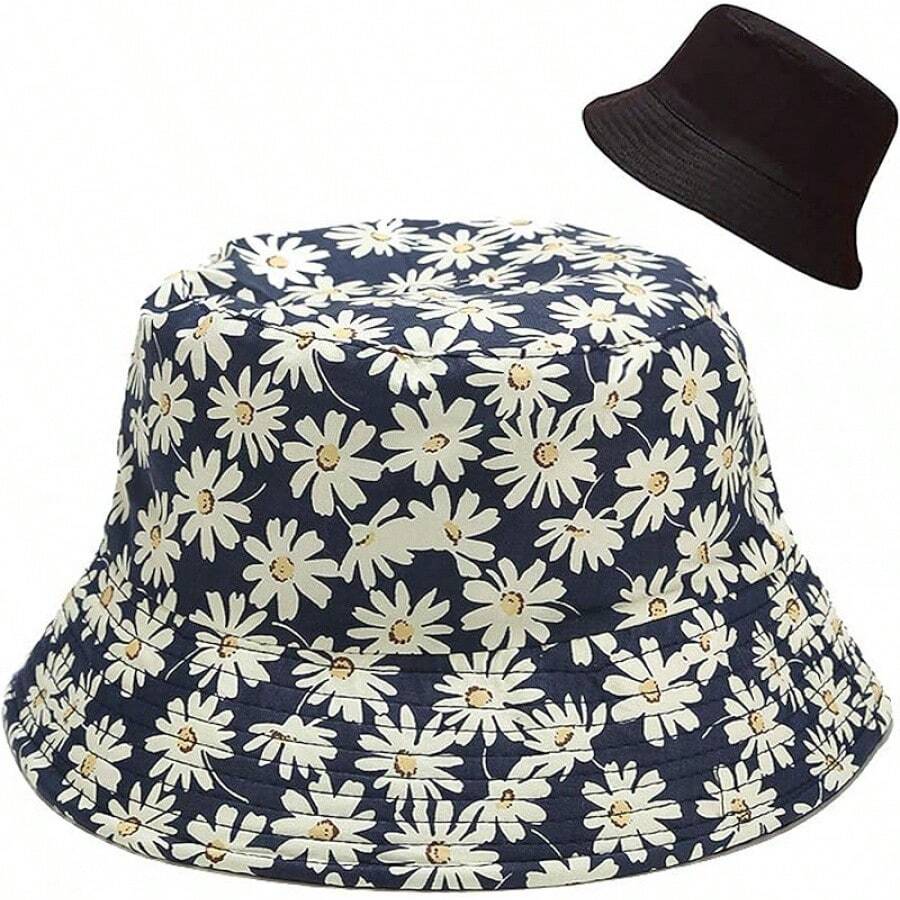 Reversible Bucket Hat For Women, Cute Beach Fisherman Style - Daisy Blue - View 1