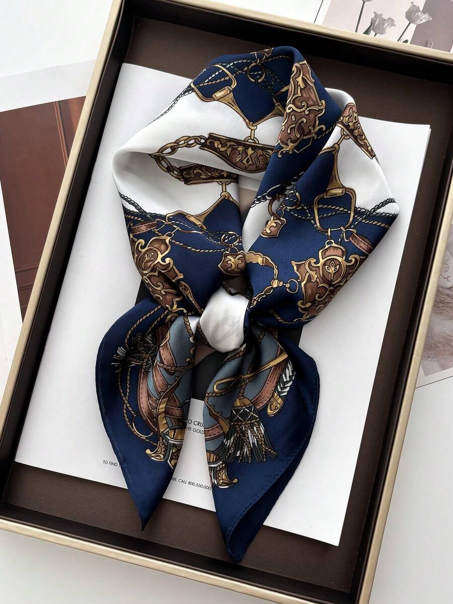 1条方形真丝围巾，女士缎面印花头巾，包包围巾，发带，时尚女士头巾，披肩，围巾，女士领巾，头巾，服装配饰 - 藏青鏈條 - 查看 1