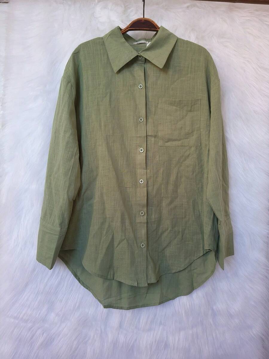 Women's Long Sleeve Linen Shirt - 綠色 - 查看 1