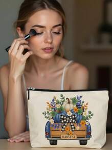 1pc Autumn Pumpkin Sunflower Maple Leaf Bow Letter Linen Printed Makeup Bag, Cute Travel Cosmetic Pouch And Multifunctional Coin Purse, Lightweight Gift For Women