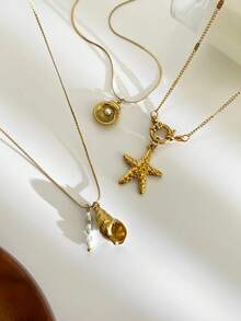 1 件不锈钢海洋风格贝壳、珍珠、海星吊坠项链，带龙虾扣，18K 镀金，防水，女士百搭 - 項鍊 - 查看 8