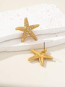 1 Pair Fashionable & Elegant Rhinestone Starfish Stud Earrings, Shiny Accessory Suitable For Daily Wear And Vacation, Beach Outfit - Yellow Gold - View 5
