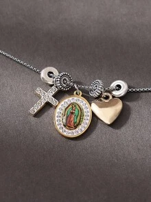 1 件经典时尚水钻镶嵌圣母玛利亚耶稣十字架和心形串珠项链，不锈钢休闲、派对、弥撒、聚会服装，适合女士 - 銀色 - 查看 13