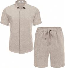 Men's Summer Beach Outfits 2 Pieces Short Sleeve Shirts And Shorts Vacation Texture Linen Sets Men - Cây Dừa Trắng - Xem 11