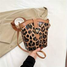 Simple Retro Leopard Print Bucket Bag For Women, New Casual Fashion One Shoulder Crossbody Bag, Textured Leisure Crossbody