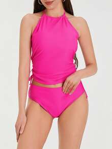 Charming Women Bikini Set, Neck Hanger Sleeveless Backless Crop Tops Solid Color Panties For Summer, Women Clothing - 玫紅色 - 查看 6