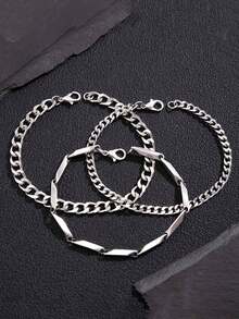 3pcs/Set Men's Minimalist Stainless Steel Bracelet, Multi-Layer Casual Bracelet For Daily Wear, Jewelry Gift For Boyfriend, Father - Silver - View 7