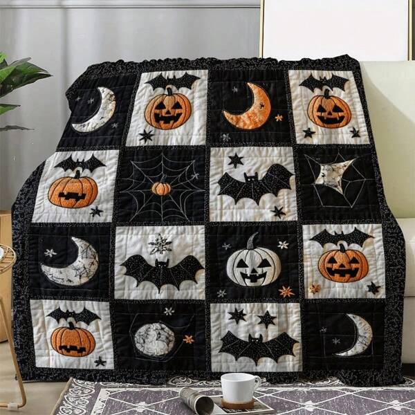 Manta suave y cómoda de franela retro con diseño de calabaza, murciélago y luna - Acogedora, cálida y multiusos para sofá, cama, carro, oficina, campamento - Un regalo perfecto durante todo el año