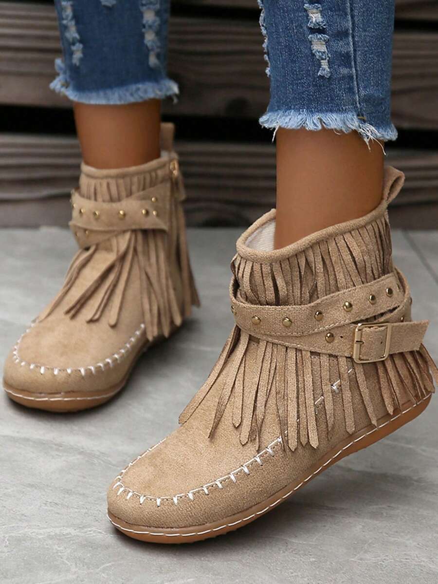 Fall/Winter Fringe Boots For Women Round Toe Flat Loafers New Autumn Side Zipper Plush Casual Boots - Beige - View 1