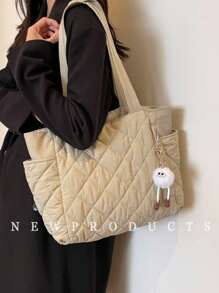 New Fashion Large Capacity Quilted Diamond Design Double Handle Shoulder Tote Bag, Lightweight And Portable, Women's Wallet, Suitable For Outdoor Travel In Summer, Decorated With Animal Pendants, Travel Essential Backpack