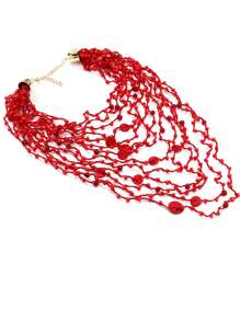 Colar vermelho com várias camadas de crochê ZAA, um colar de crochê moderno, usado em feriados, boêmio, com contas de arroz na cor coral, colar longo com babador, corrente exagerada de clavícula empilhada com várias camadas