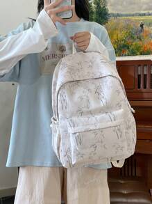 1 buc Rucsac de damă cu capacitate mare, din nailon alb, cu fermoar neted, cu imprimeu de frunze de bambus, la modă, versatil, casual, 2025, vară nouă, elegantă, unică