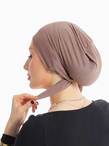 1pc HIAJB Solid Color Simple Fashion Skin-Friendly Tie Up Trailing Turban Hijab Cap, Brimless Chemo Hat Suitable For Daily Life And Outdoor Sports, Women For Dress - Light Khaki - View 3