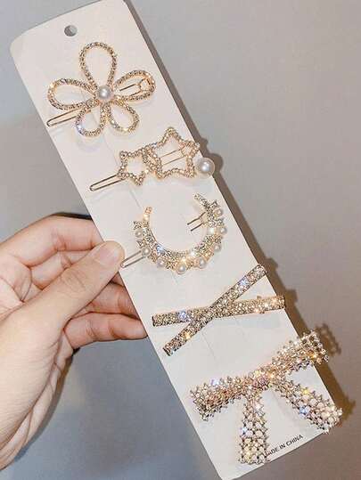 5 piezas Clips para el cabello elegantes y chic con decoración de perlas falsas (empaque de tarjeta de papel, estilo de tarjeta de papel inferior aleatorio), accesorios para el cabello, pasadores de cabello, accesorios para la cabeza, horquillas