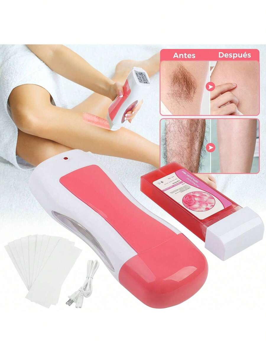 Kit de Cera Roll on Para Depilación, con Tiras de Cera y Calentador de Cera Roll on Con Tiras de Papel para Mujeres y Hombres - rosa - Ver 1