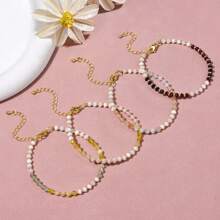 1pc Casual Adjustable Gemstone Beaded Bracelet With Natural Sunstone, Moonstone And Aquamarine, Suitable For Women Everyday And Holiday Wear