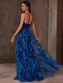 EVERLYL 花朵胸前褶皱全印花优雅派对网眼拉链网眼拼布抹胸连衣裙适合舞会约会派对生日派对周年纪念毕业派对正式晚宴婚礼宾客舞会返校派对舞台和音乐会夏季