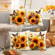 4pcs Sunflower & Butterfly Printed Pillow Covers, 100% Polyester, Hand Wash Only, Zipper Closure, Fabric Decorative Pillowcases For Home And Office, Suitable For Various Rooms - Multicolor - View 3