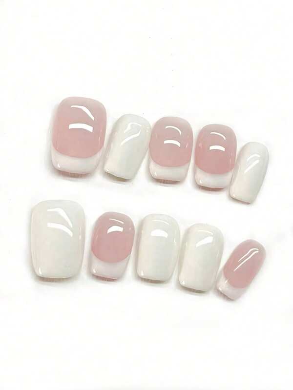 10PCS Pink Handmade Press On Nails Short Square French Press On Nails, Summer Nail Supplies, Home DIY Nail Design Full Coverage Fake Nail Tips Artifical Fingernails For Women And Girls Manicure Supplies Office Daily Wear False Nails