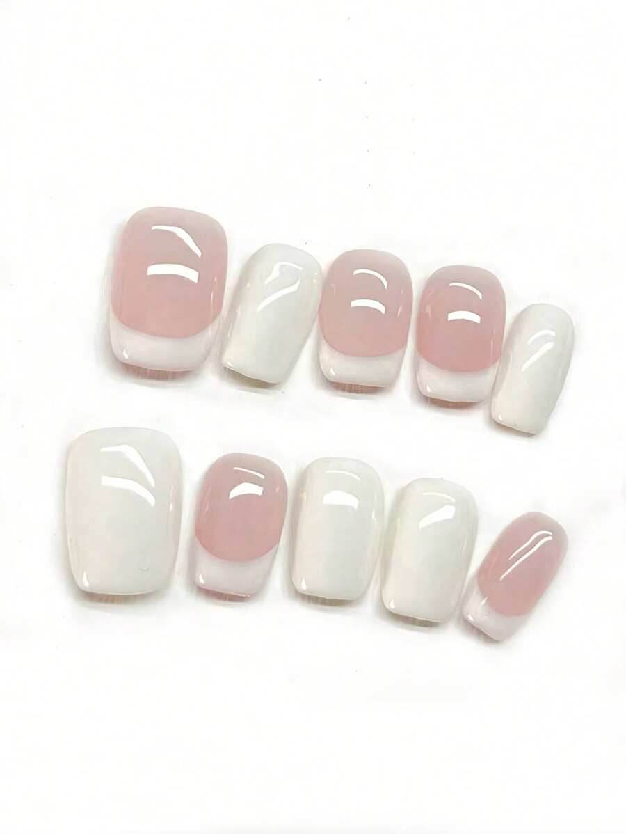 10PCS Pink Handmade Press On Nails Short Square French Press On Nails, Summer Nail Supplies, Home DIY Nail Design Full Coverage Fake Nail Tips Artifical Fingernails For Women And Girls Manicure Supplies Office Daily Wear False Nails