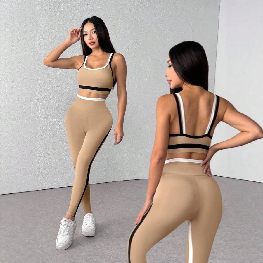 Conjunto de 2 peças de regata e calça esportiva, roupa esportiva casual e sexy - Preto - Ver 1