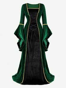 Women's Renaissance Costume  Medieval Dress Velvet Queen Dresses Victorian Vintage Halloween Cosplay - 綠黑色 - 查看 3