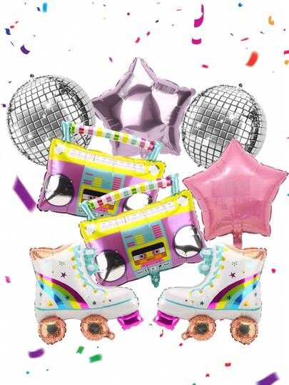 8 peças de balões de patins, caixa de som boom, anos 80 e 90, balões de discoteca de 22 polegadas, balões de festa retrô arco-íris dos anos 80 e 90 para decoração de festas, aniversários de casamento, tema hip hop, suprimentos para festas