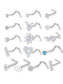 16 件装 20G 不锈钢鼻环，适用于男女，镶有 CZ 花鼻环穿孔首饰 L 形鼻环耳钉套装，手术钢鼻孔鼻孔穿孔首饰，款式多样，可自由搭配鼻孔首饰，送给朋友、情人节、妈妈、母亲节、礼物 - 多款式 - 查看 21