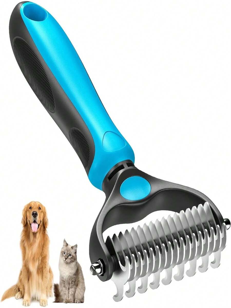 1pc Ergonomic Double-Sided Dog & Cat Deshedding Tool - Comfortable Grip Dematting And Deshedding Brush With Stainless Steel Teeth, Gentle On Skin, Perfect For Long-Haired Breeds, QUEEN DIARY - Multicolor - View 1