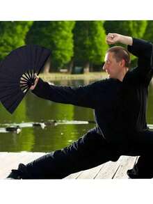 Large Elegant Black Folding Hand Fan With Sound - Nylon Fabric, Nostalgic Design For Kung Fu, Tai Chi, Dance And Sports Performances - The Perfect Gift For Men And Women Summer Cooling,Beach,Travel - 白色 - 查看 11