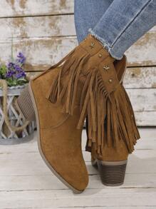 Women's Metal Decor Solid Color Fabric Fringe Boots, Outdoor Street Casual Fashion, Comfortable Thick Sole Brown Ankle Boots