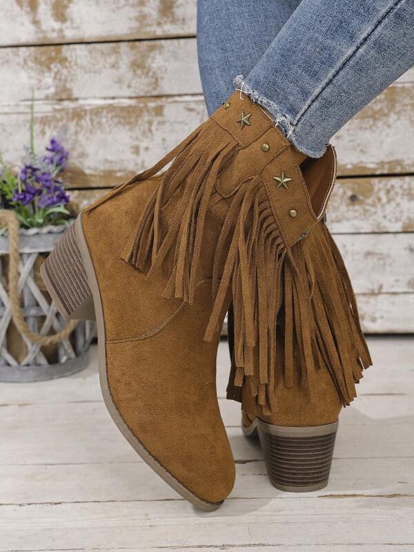 Women's Metal Decor Solid Color Fabric Fringe Boots, Outdoor Street Casual Fashion, Comfortable Thick Sole Brown Ankle Boots