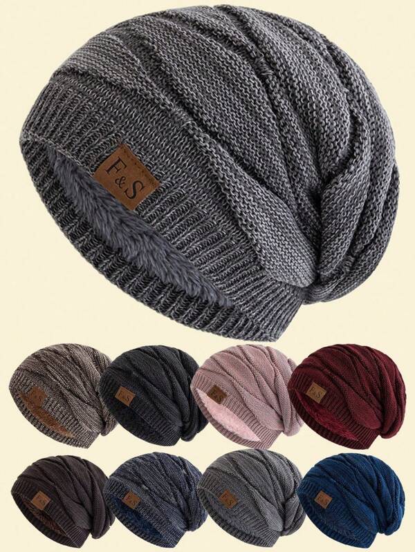 1 pezzo Berretto in maglia morbido con fodera in pile e decorazioni a lettere, unisex, adatto per sport all'aperto come lo sci