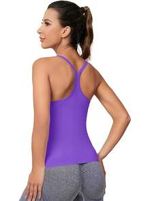 Workout Tops Women With Built In Bra, Sleeveless Gym Tops Seamless Racerback Athletic Yoga Shirts, Activewear - 紫色 - 查看 6