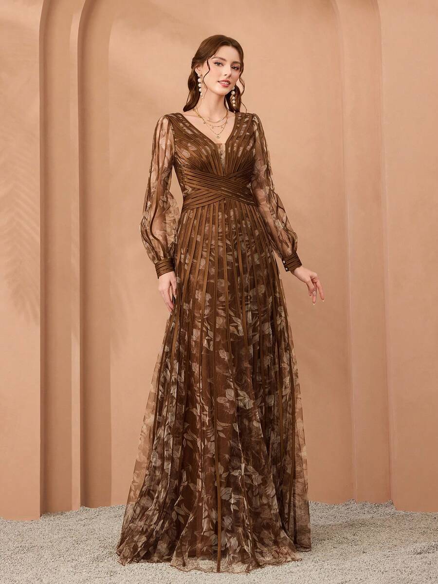 Mgiacy,New Arrival,V-Neck, Long-Sleeved Lantern Sleeves, Printed Mesh, Tie, Big Swing, High-End Evening Dress, For, Black Tie Event Dress