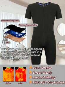 Sauna Suit For Men Full Body Sweat Bodysuit Waist Trainer Sauna Shirt Shapewear Heat Trapping Short Sleeves Workout Top With Shorts Exercise Fitness - Black - View 3