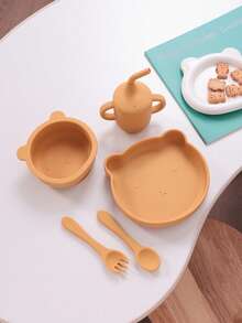 PopLittleOne 5PCS Silicone Baby Tableware Sets Solid Color Utensils Portable Sippy Cup Cartoon Bear Shape Plate Bowl Feeding Sets For Baby - Multicolor - View 7