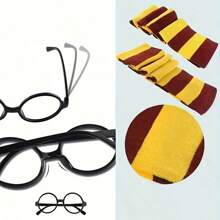Conjunto de 5 piezas de disfraz de rol de mago para fiesta: corbata a rayas, armazón de gafas, parche de rayo, sombrero de mago, bufanda tejida a rayas de Halloween, decoraciones de fiesta de rol de cumpleaños