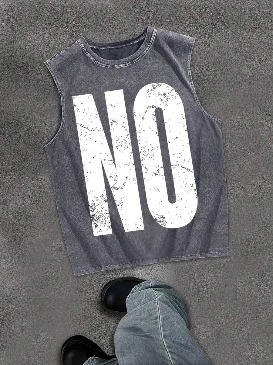 Large English Letter NO Simple Print Pattern,230g Washed Cotton Vest Casual Vest, Men's Fashion T-Shirt Summer Casual Outdoor Commuter Hip-Hop Vest - 灰色 - 查看 1