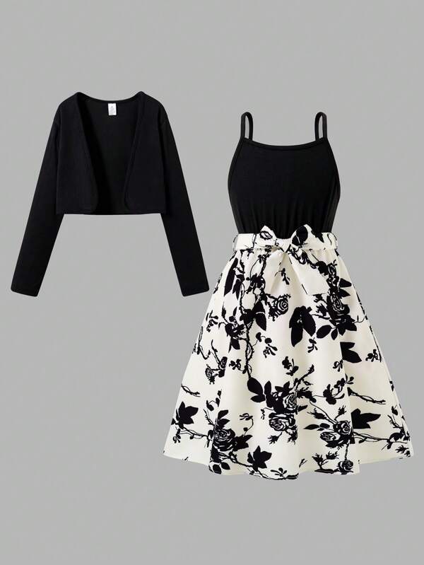 2 pièces Ensemble de tenue élégante de mode printemps automne pour filles - veste noire à manches longues + robe d'été sans manches à imprimé floral avec ceinture. Style doux et confortable pour le printemps, l'été, les sorties et les fêtes des enfants.